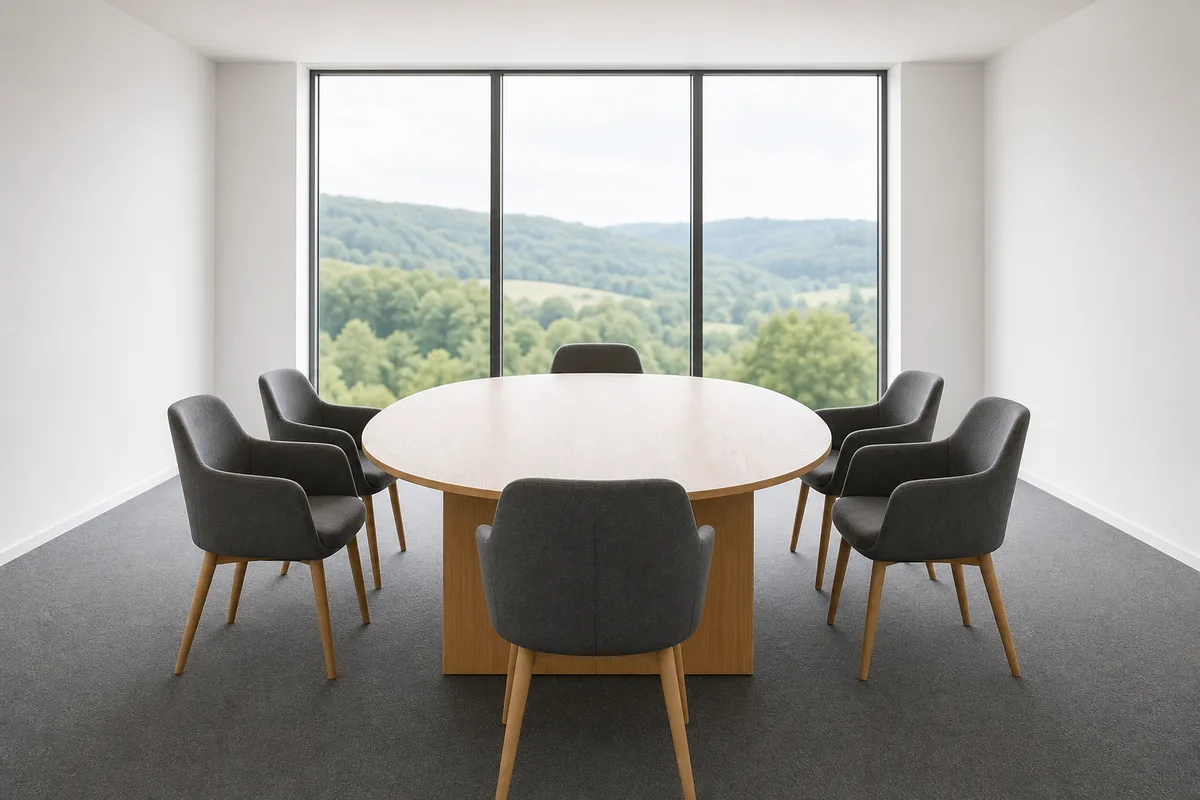 Salle de réunion vide avec table ovale et chaises alignées devant une baie vitrée ouverte sur des collines