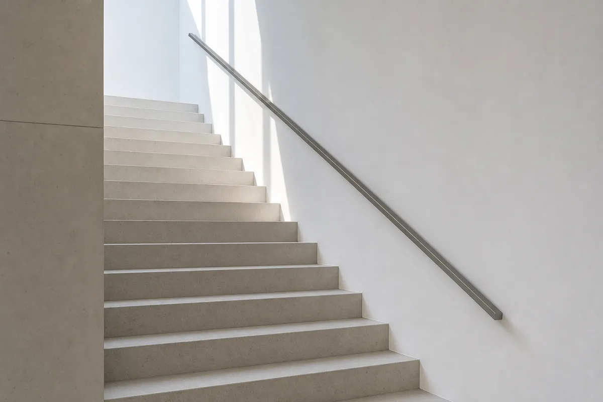 Escalier intérieur en béton clair avec rampe métallique lisse sous une lumière zénithale