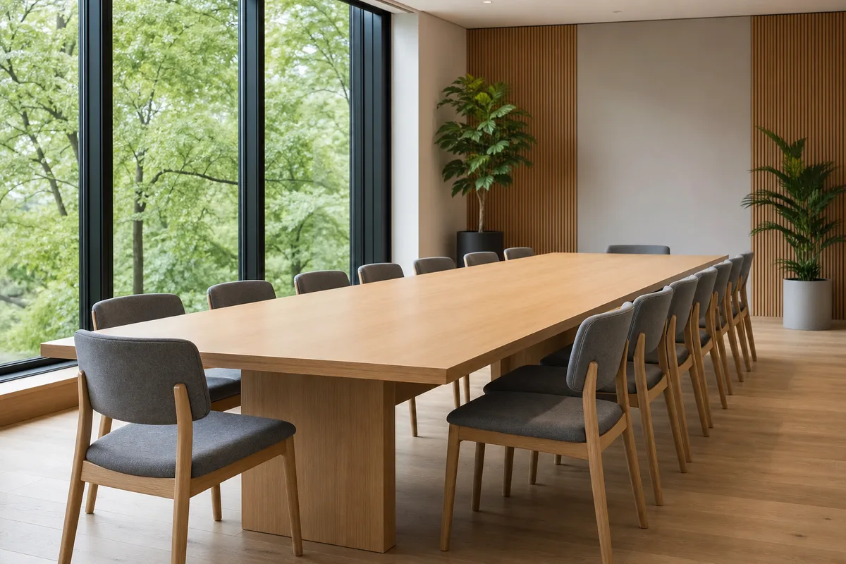 Salle de réunion vide avec longue table en bois clair