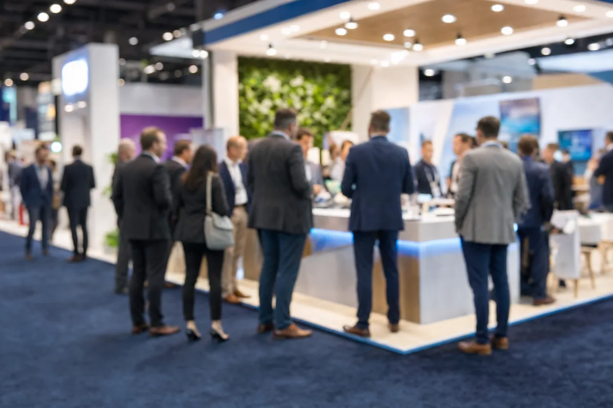 Visiteurs attroupés autour d&rsquo;une animation sur un stand de salon professionnel