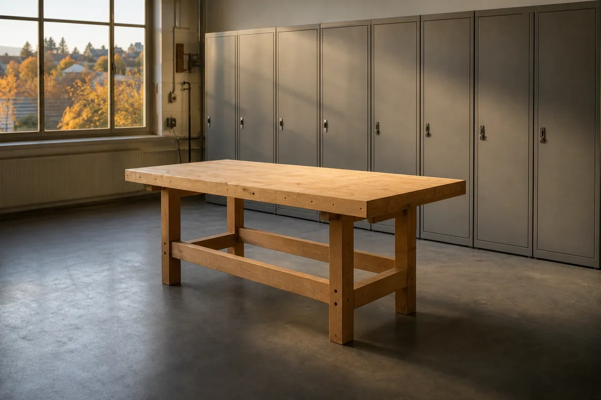 Atelier artisanal suisse vide en fin de journée, établi en bois clair et casiers métalliques fermés