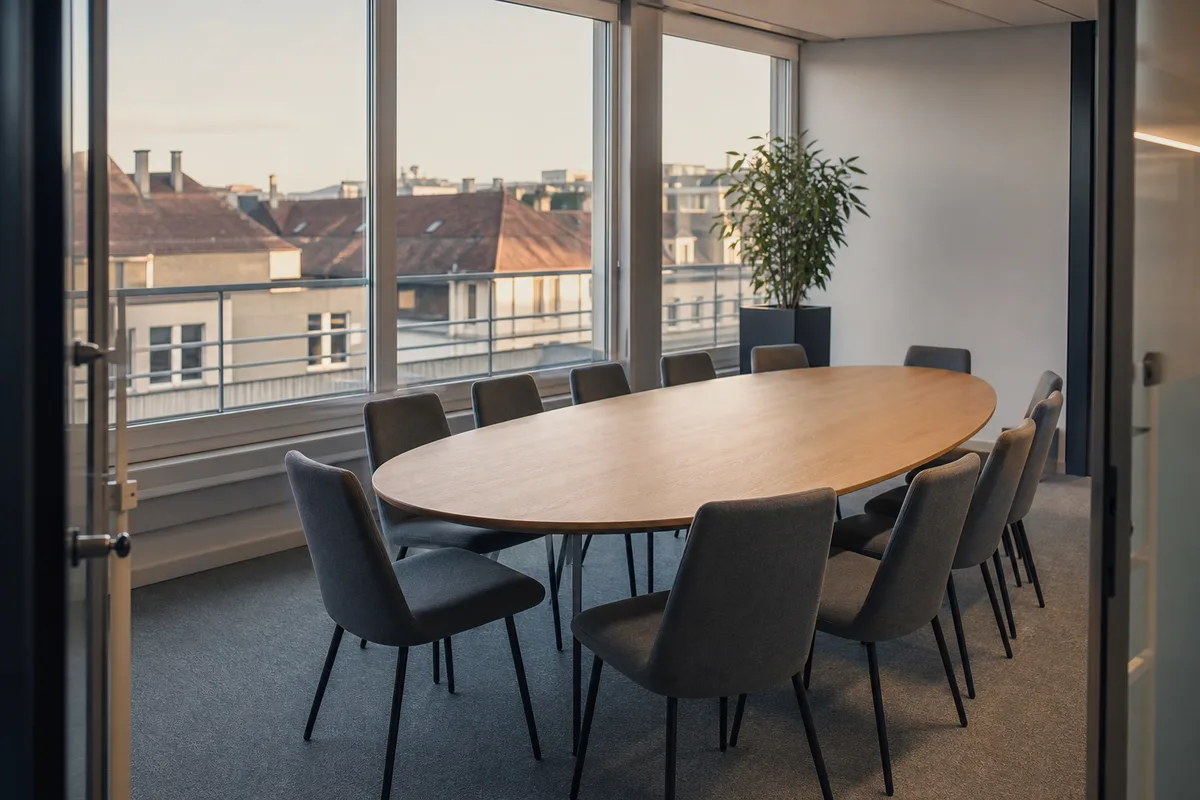 Salle de réunion vide d&rsquo;une PME suisse, table ovale en chêne clair et chaises alignées