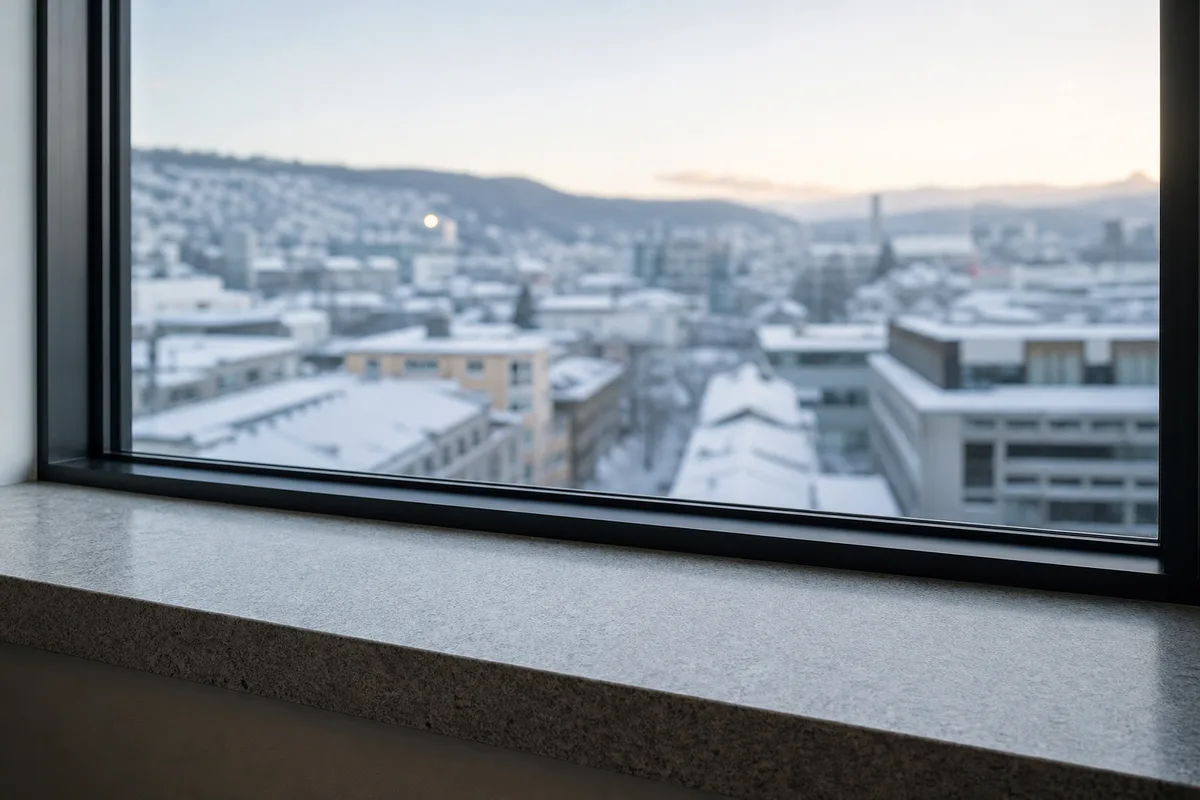 Fenêtre de bureau donnant sur un paysage urbain suisse au petit matin