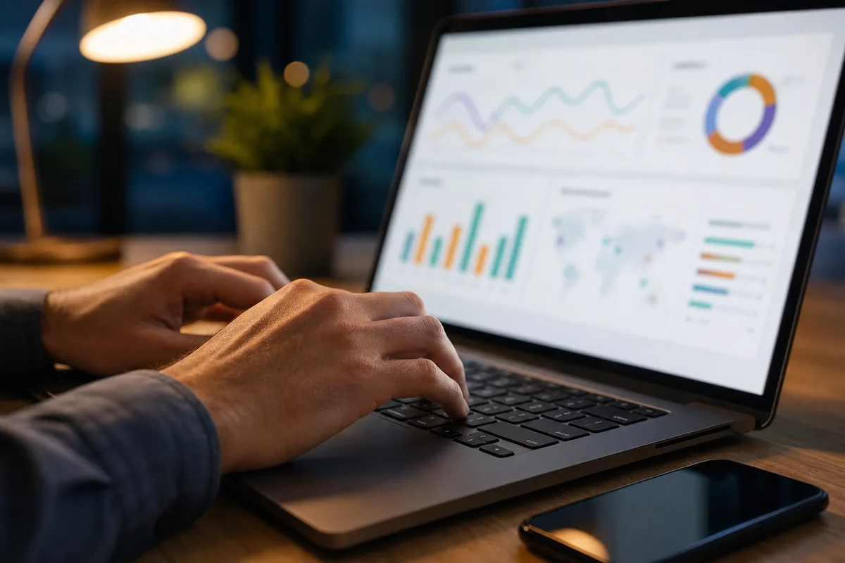 Mains tapant sur un clavier devant un tableau de bord de campagne publicitaire en ligne