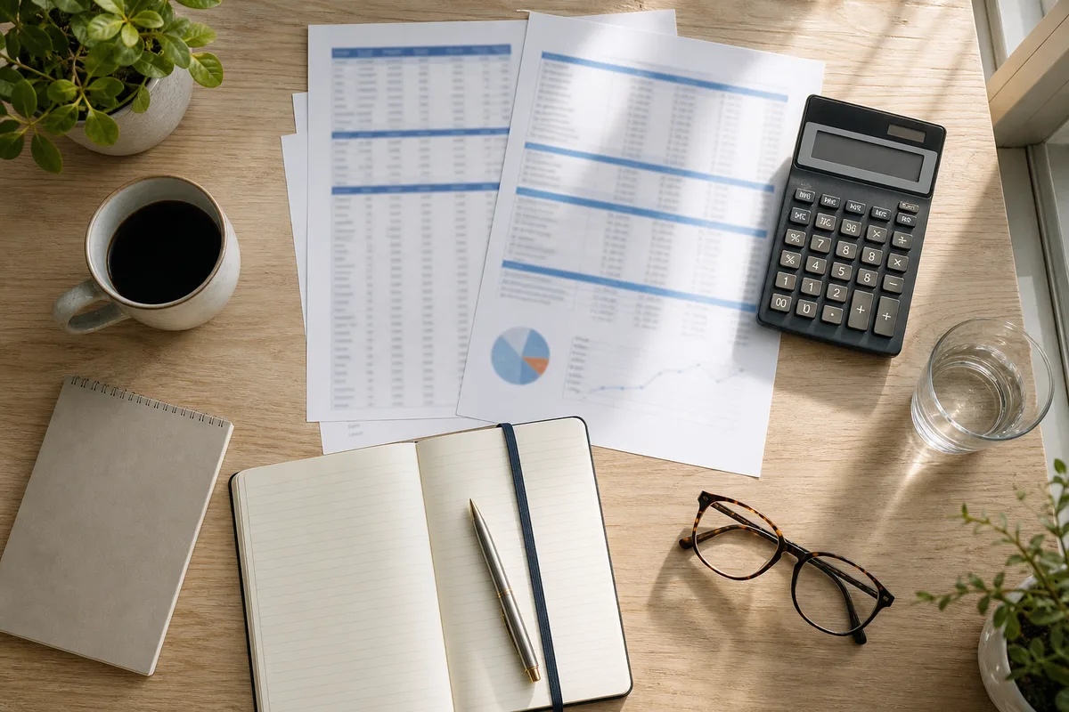 Bureau avec calculatrice, tableur imprimé et carnet de notes pour la planification budgétaire
