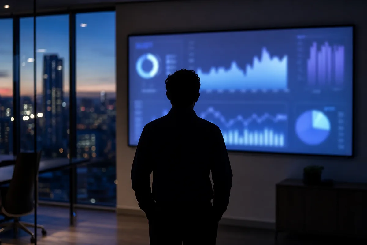 Silhouette d&rsquo;un dirigeant devant un grand écran de statistiques dans un bureau en fin de journée
