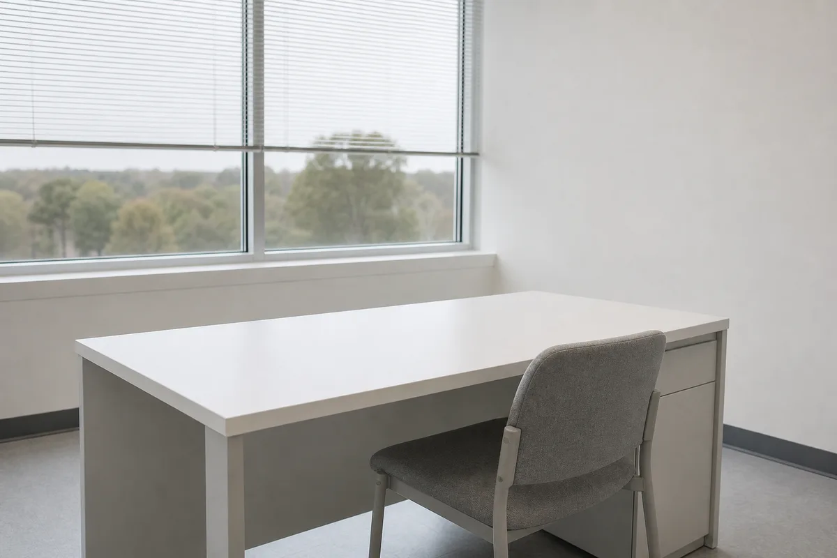Poste de travail inoccupé avec chaise en tissu gris devant une fenêtre aux stores mi-clos