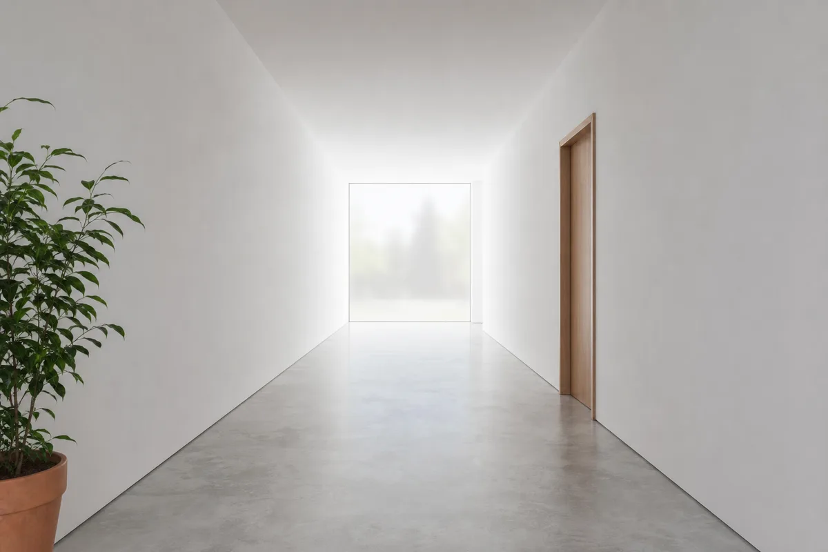 Couloir d&rsquo;immeuble de bureaux désert avec porte en bois clair fermée et sol en béton lissé