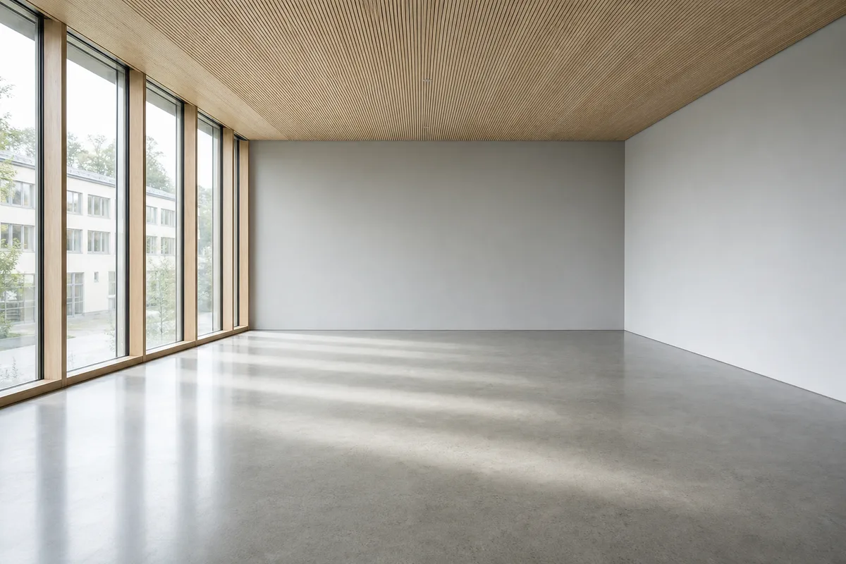 Salle de cours professionnelle vide avec tables en bois clair et grandes fenêtres