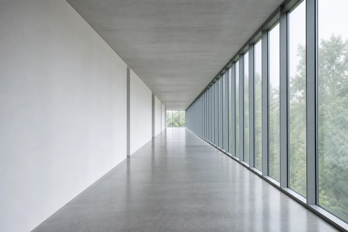 Couloir lumineux d&rsquo;un bâtiment de formation professionnelle suisse au petit matin