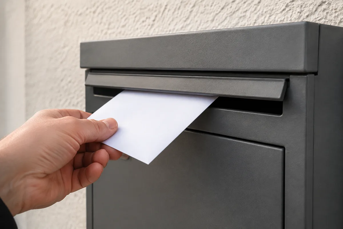 Main déposant une enveloppe blanche vierge dans la fente d’une boîte aux lettres murale grise