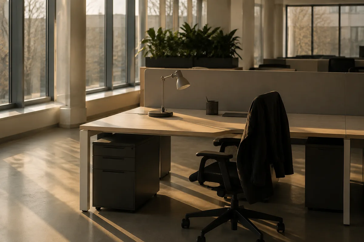 Bureau vide avec chaise de travail et veste posée sur le dossier dans une pièce claire