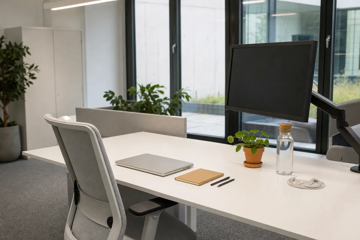 Bureau vide avec chaise, ordinateur portable fermé et carnet, préparé pour l’arrivée d’un nouveau collaborateur