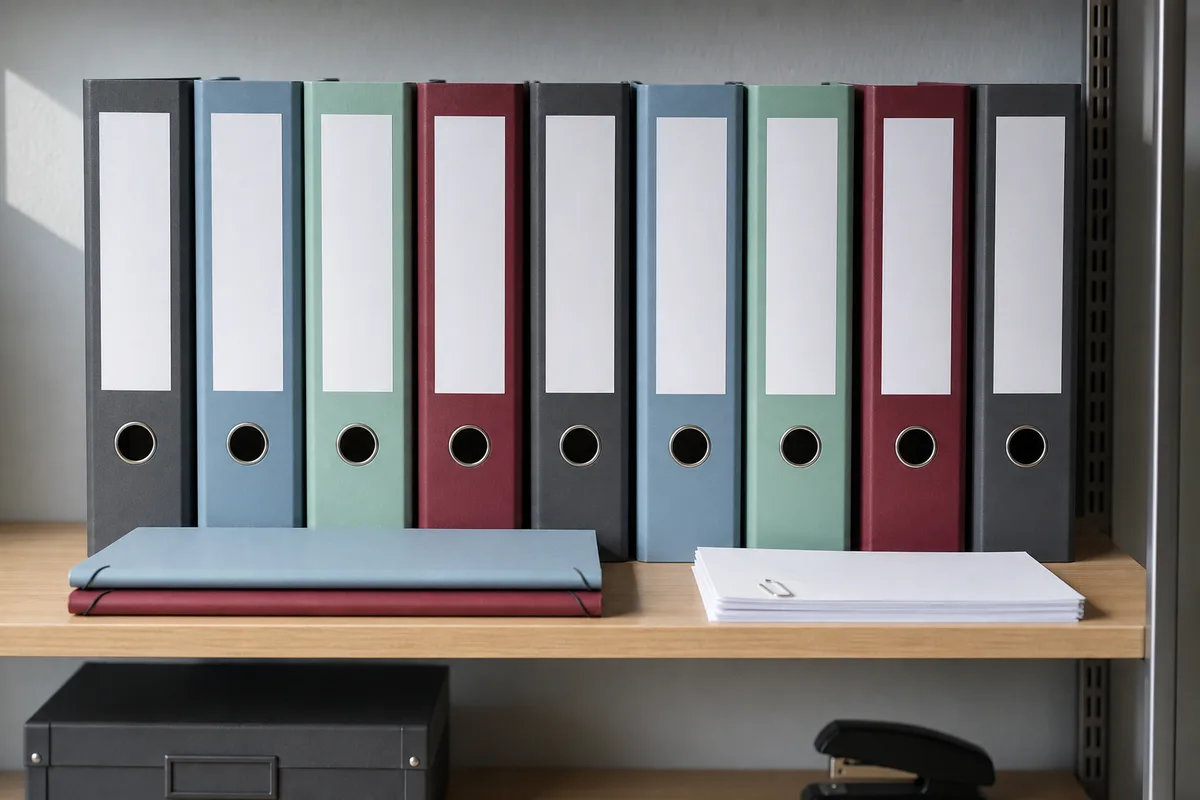 Classeurs de couleurs et dossiers administratifs alignés sur une étagère de bureau suisse