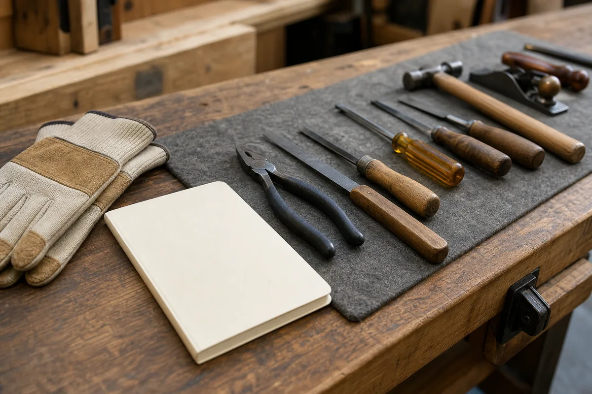 Établi d’atelier suisse avec outils alignés et poste de travail préparé pour un jeune en formation