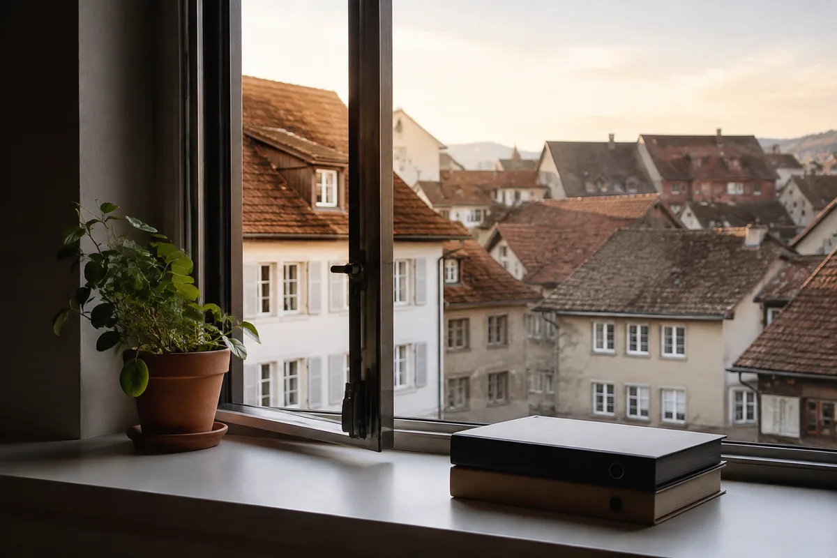 Fenêtre de bureau entrouverte sur des toits suisses, plante verte et classeurs sur le rebord