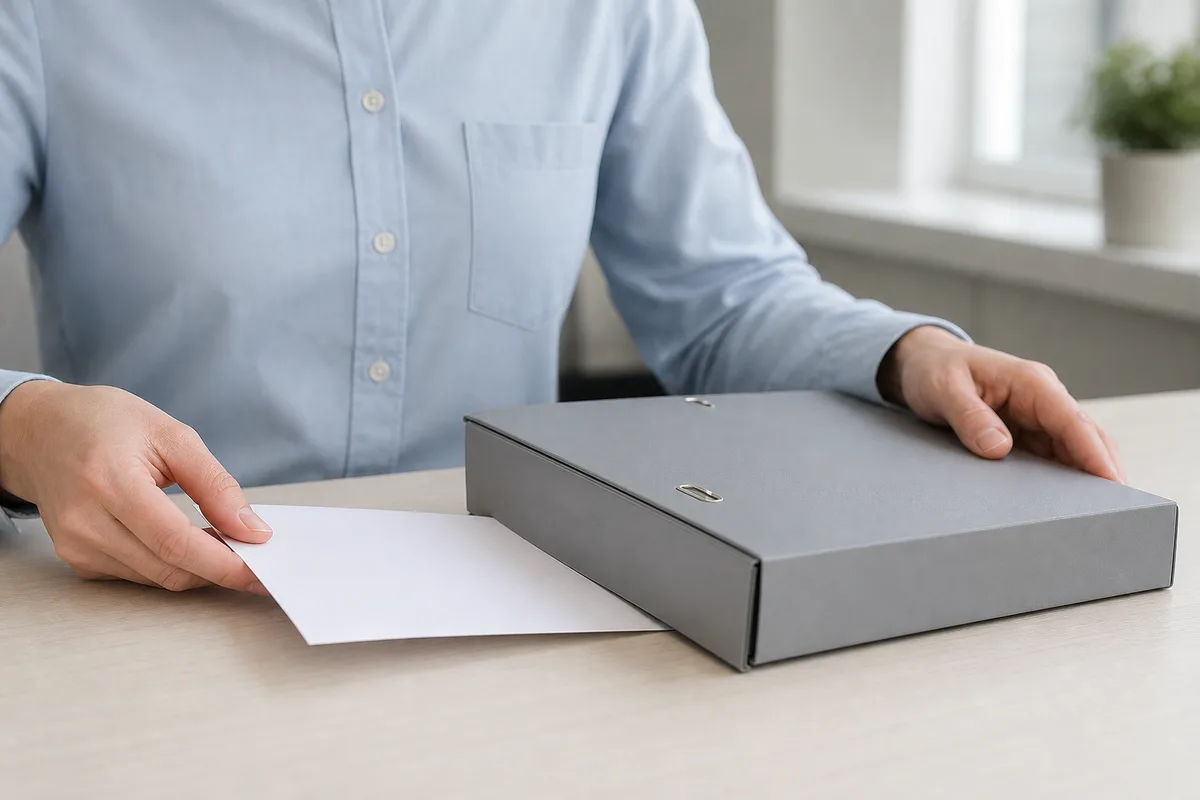 Mains glissant une enveloppe blanche vierge dans un classeur à levier fermé sur un bureau clair