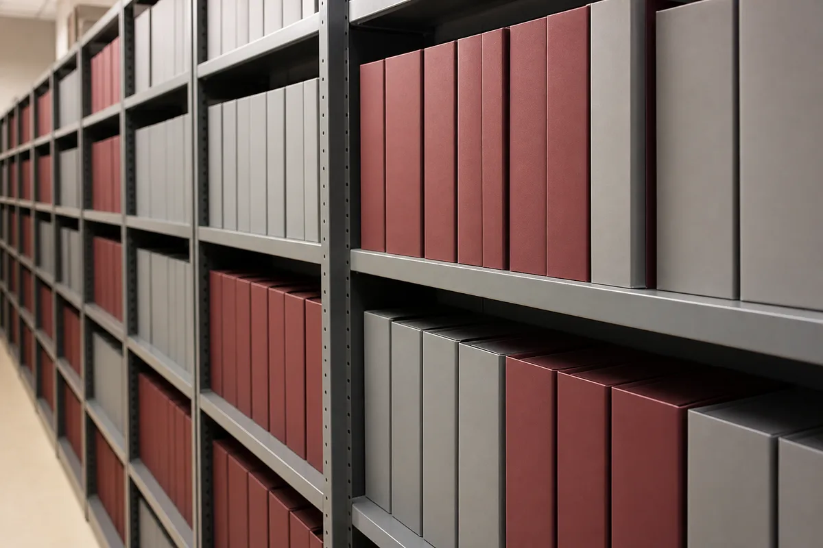Rangée de classeurs sobres alignés sur des étagères métalliques dans une salle d’archives