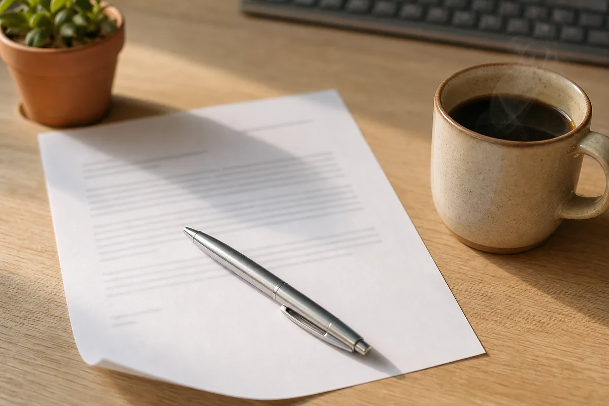 Facture papier posée sur un bureau en bois clair à côté d’un stylo et d’une tasse de café