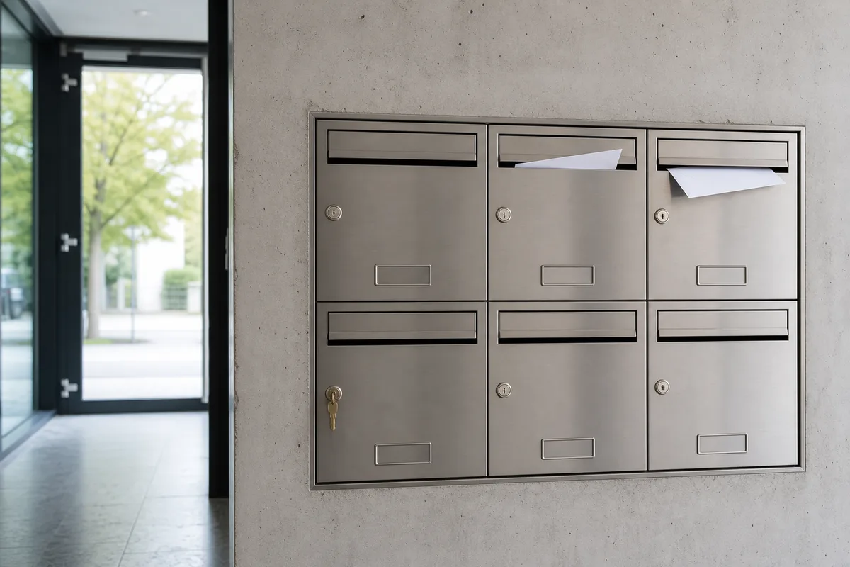 Boîte aux lettres métallique et enveloppes glissées dans une fente, façade d’immeuble suisse