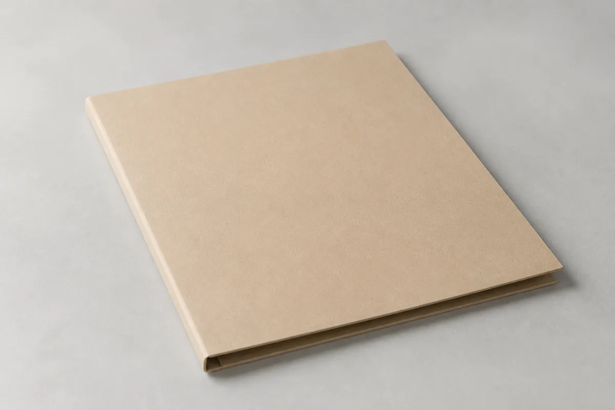 Chemise cartonnée fermée posée sur une table gris clair