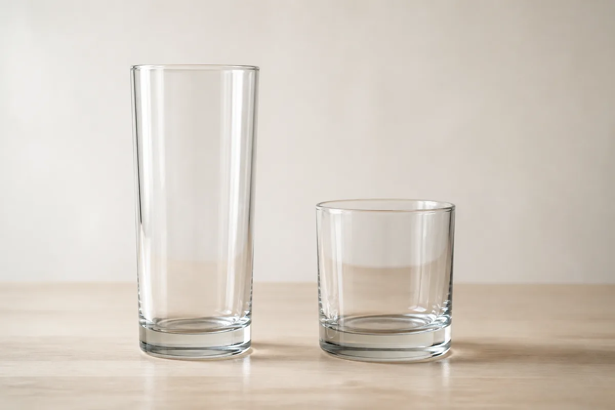 Deux verres à eau vides de hauteurs différentes sur un plan en bois clair