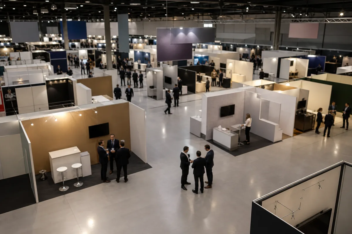 Vue en plongée sur les allées et stands d&rsquo;un forum entreprises dans un hall d&rsquo;exposition