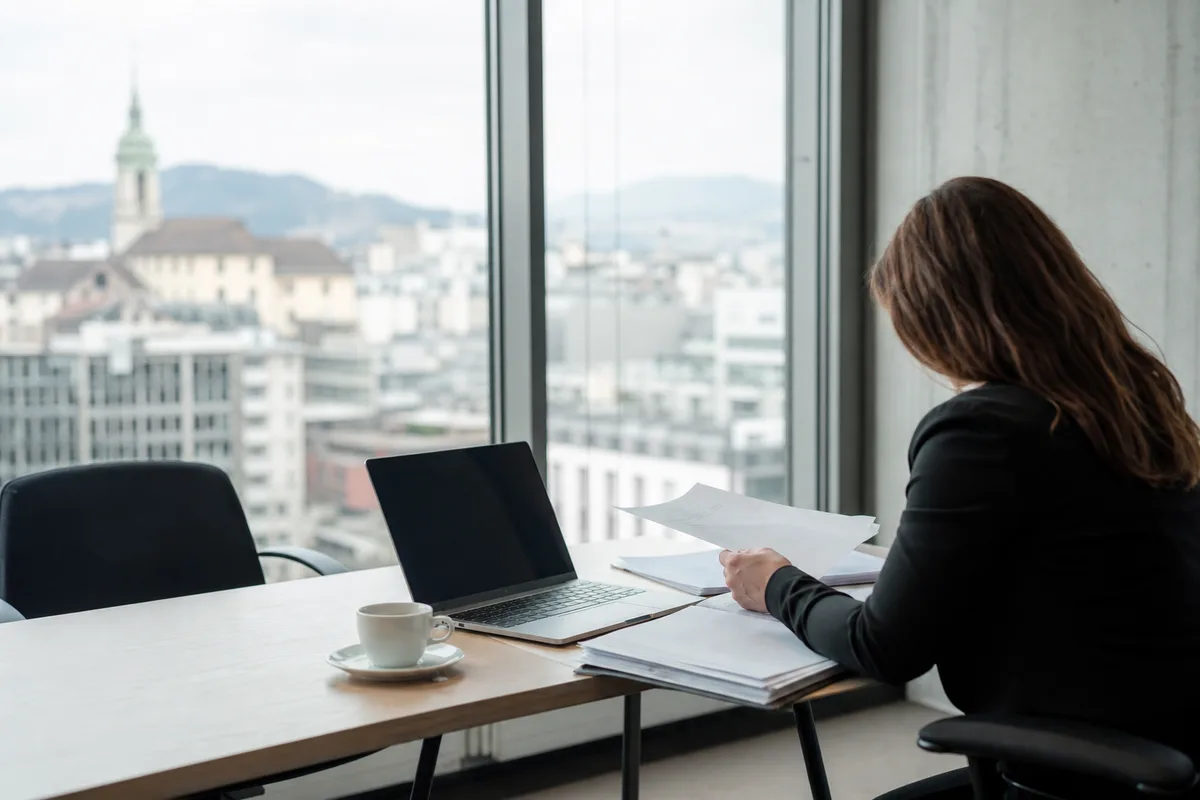 Dirigeant de PME consultant des documents devant un ordinateur portable dans un bureau lumineux