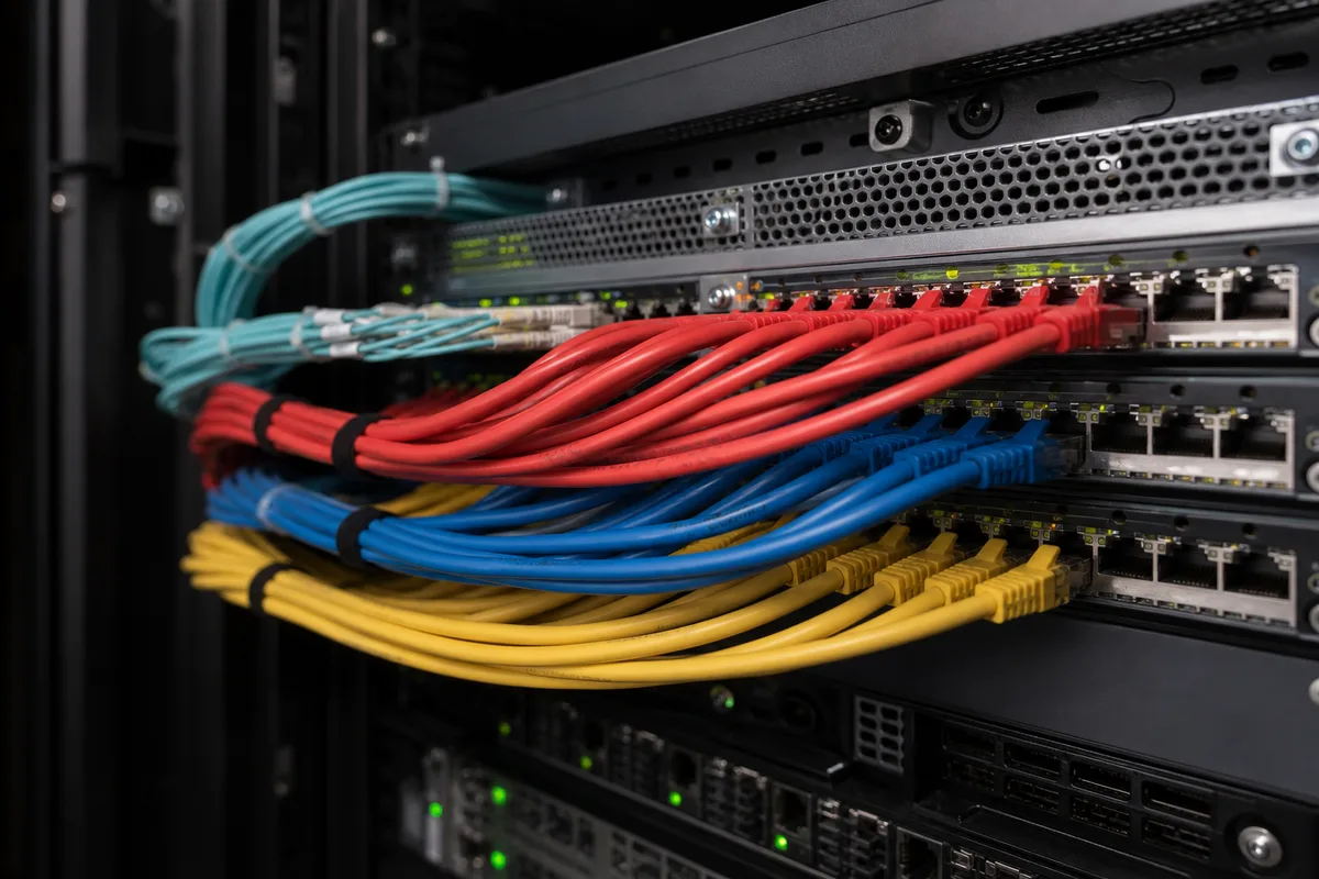 Allée de serveurs éclairée dans un datacenter moderne