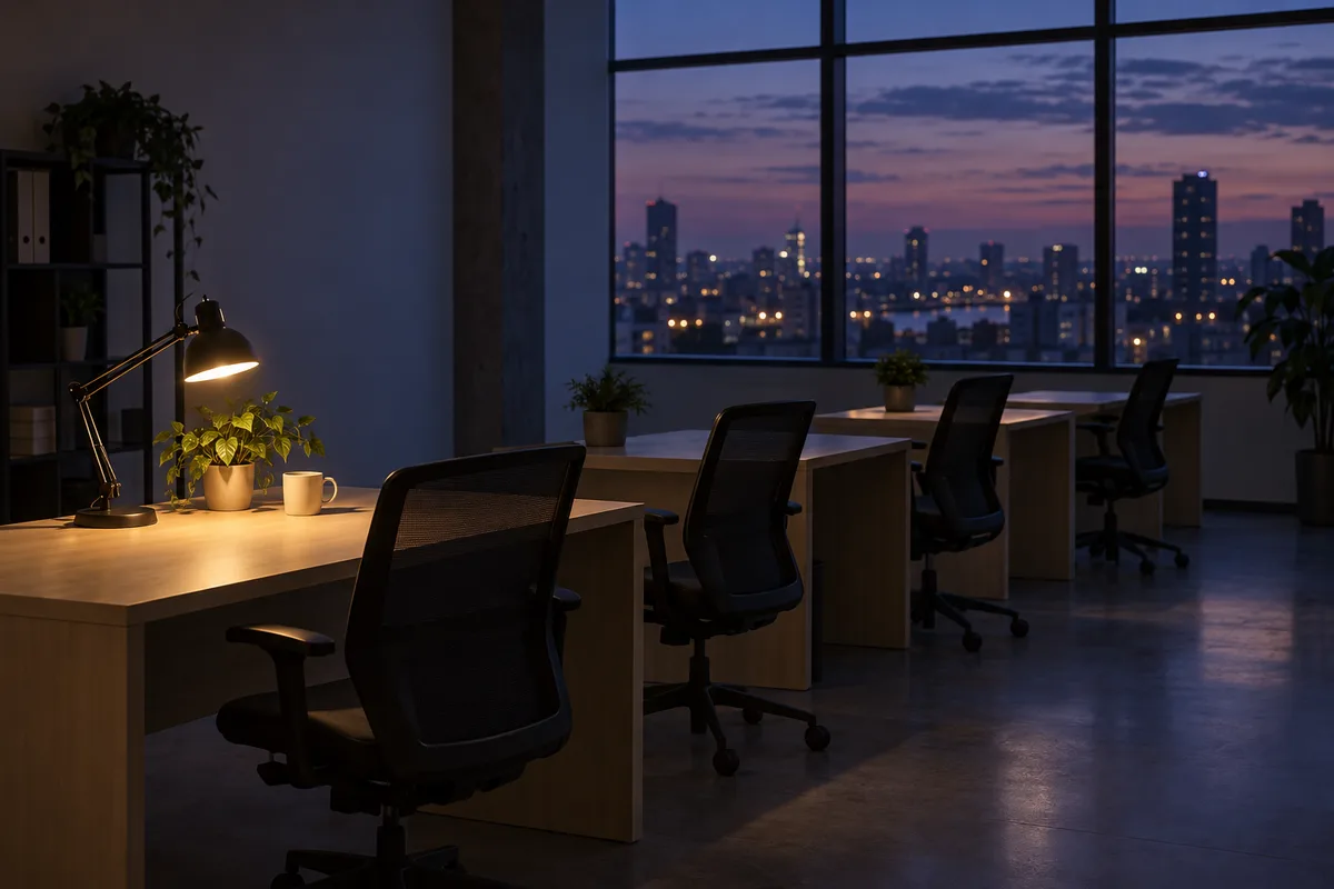 Open space de PME au crépuscule, une seule lampe allumée et des chaises vides