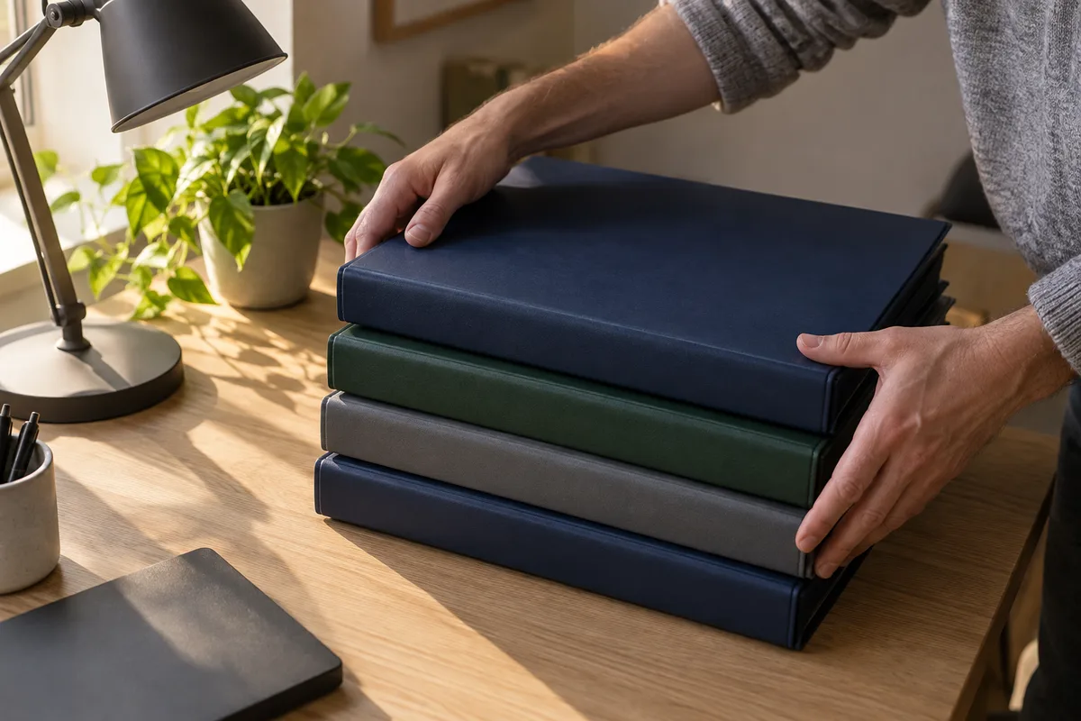 Mains rangeant des classeurs fermés sur un bureau en bois clair
