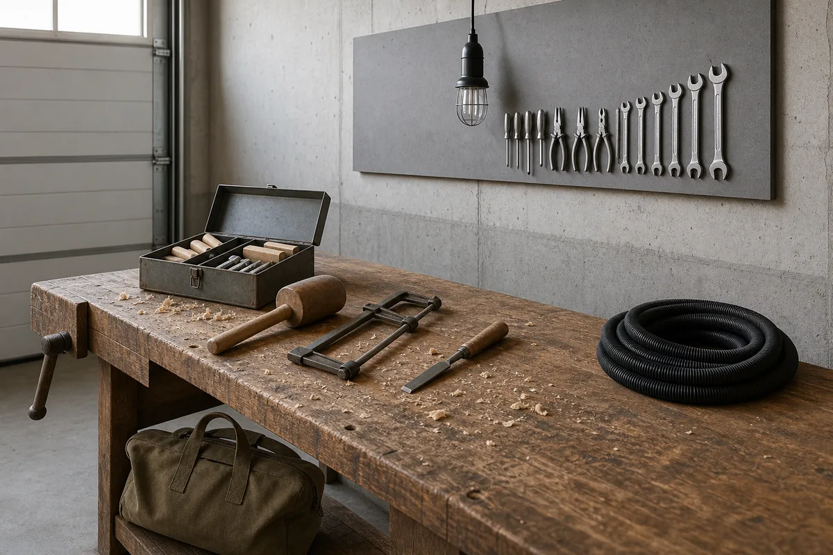 Établi d&rsquo;artisan indépendant avec outils personnels rangés dans un atelier suisse