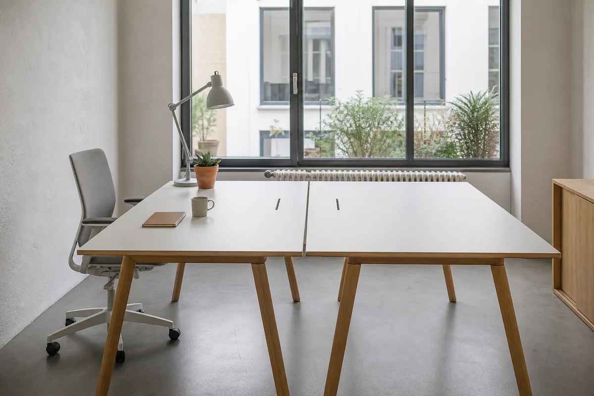 Deux postes de travail voisins dans un bureau suisse, l&rsquo;un installé et l&rsquo;autre entièrement nu