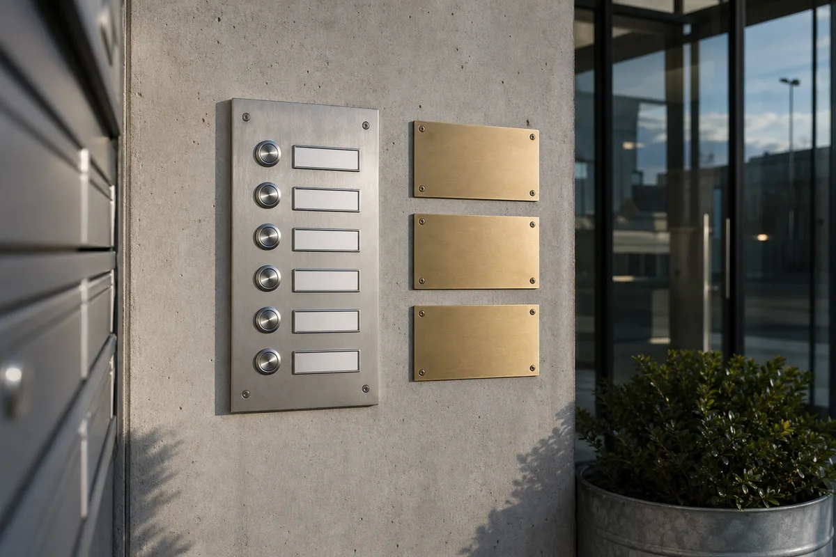 Interphone et plaques professionnelles vierges à l&rsquo;entrée d&rsquo;un immeuble de bureaux suisse