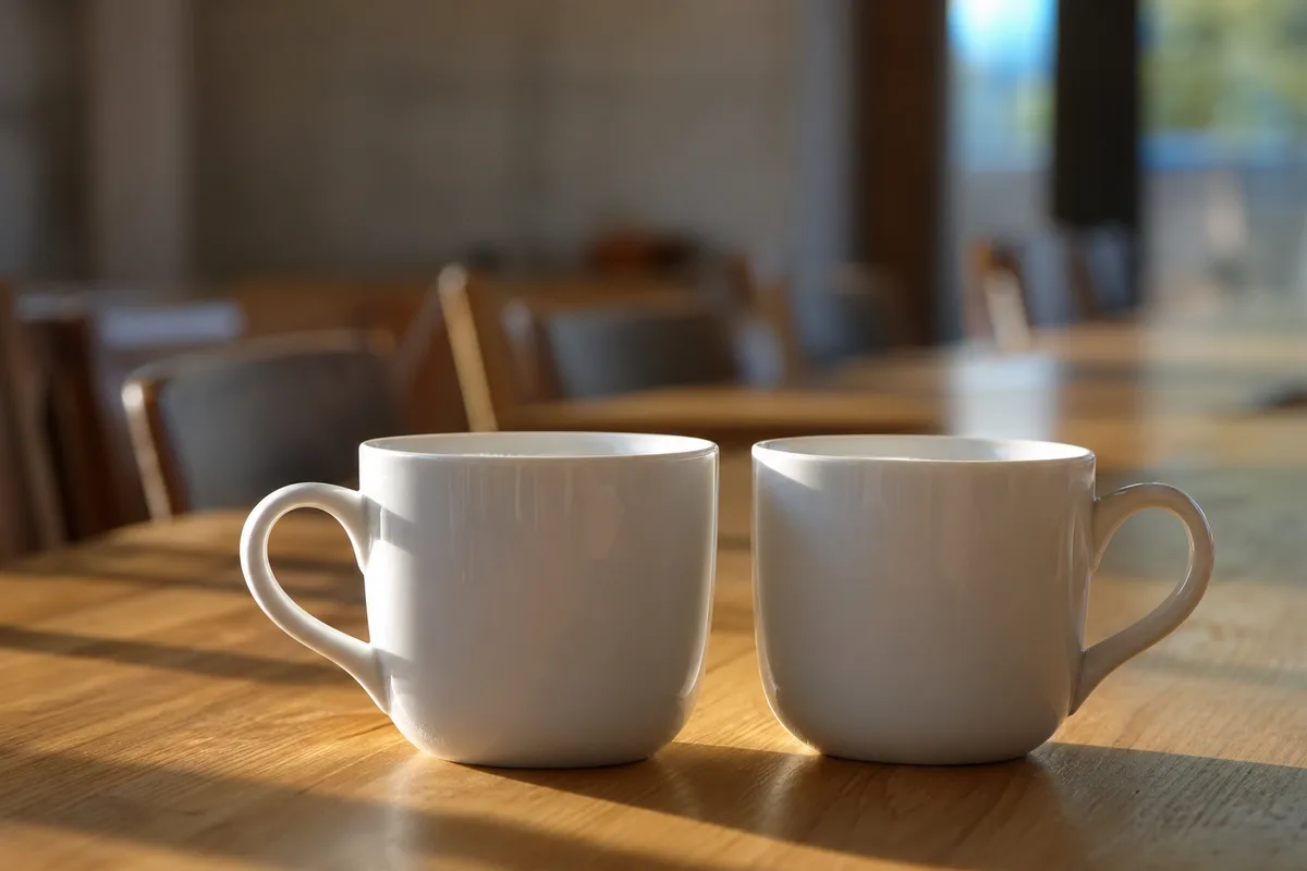 Deux tasses en céramique blanche posées sur une longue table de réunion en bois clair, chaises vides autour