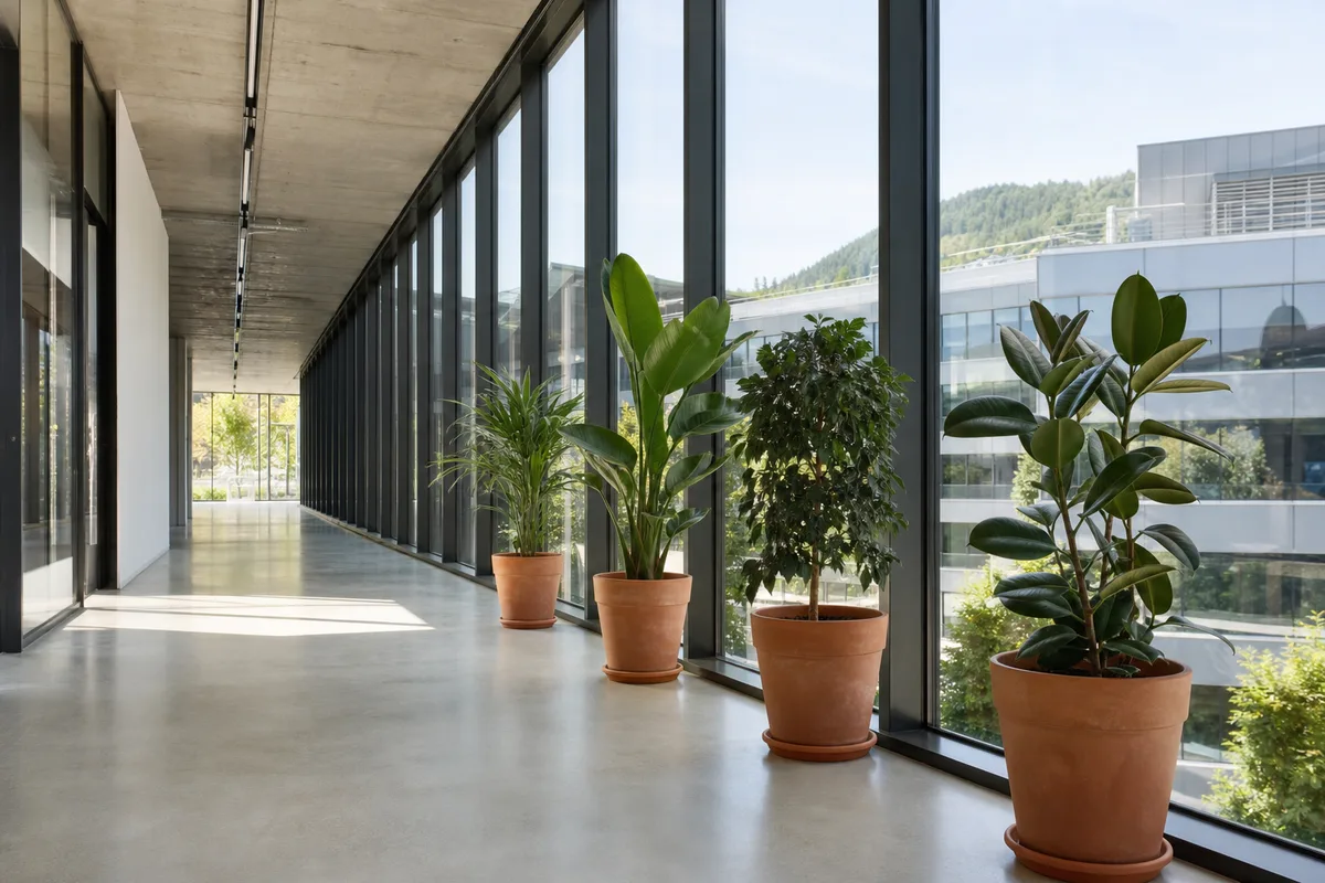 Couloir vitré d’un immeuble de bureaux suisse avec plantes vertes alignées le long de la baie