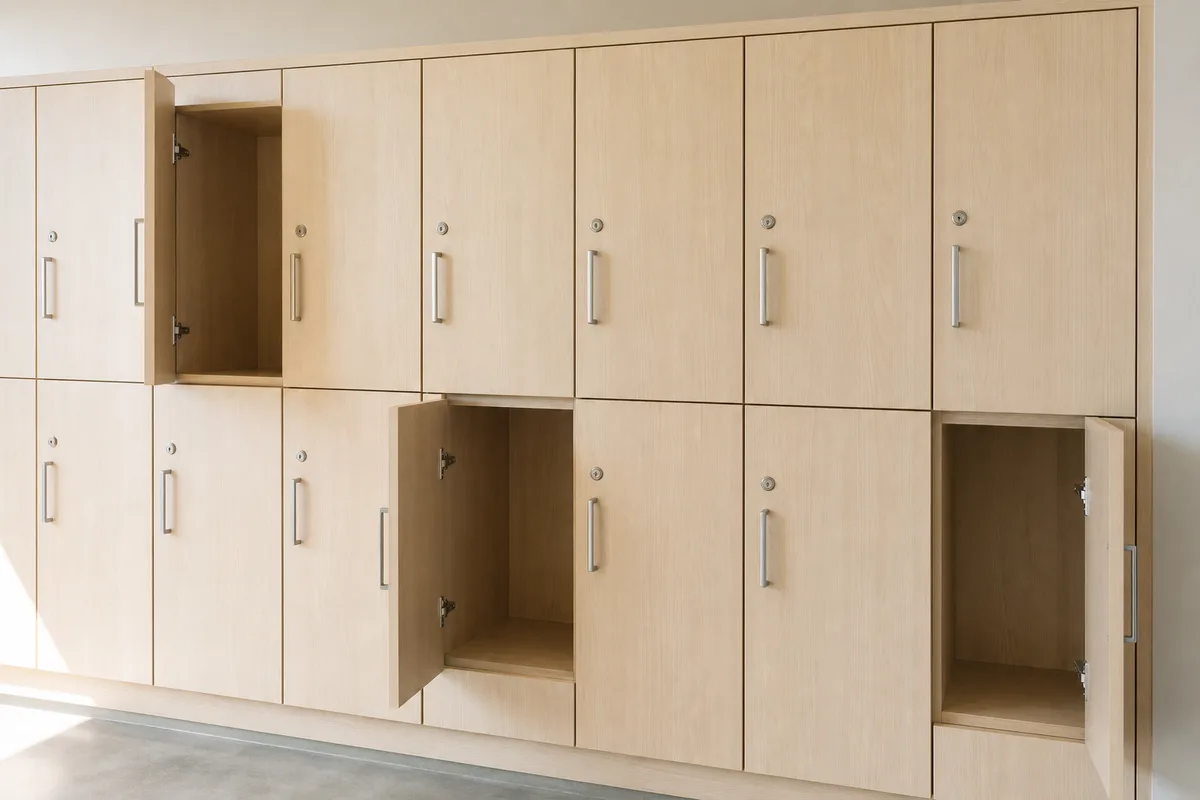 Casiers en bois clair d’un vestiaire d’entreprise, portes ouvertes sur des rangements vides, lumière naturelle latérale