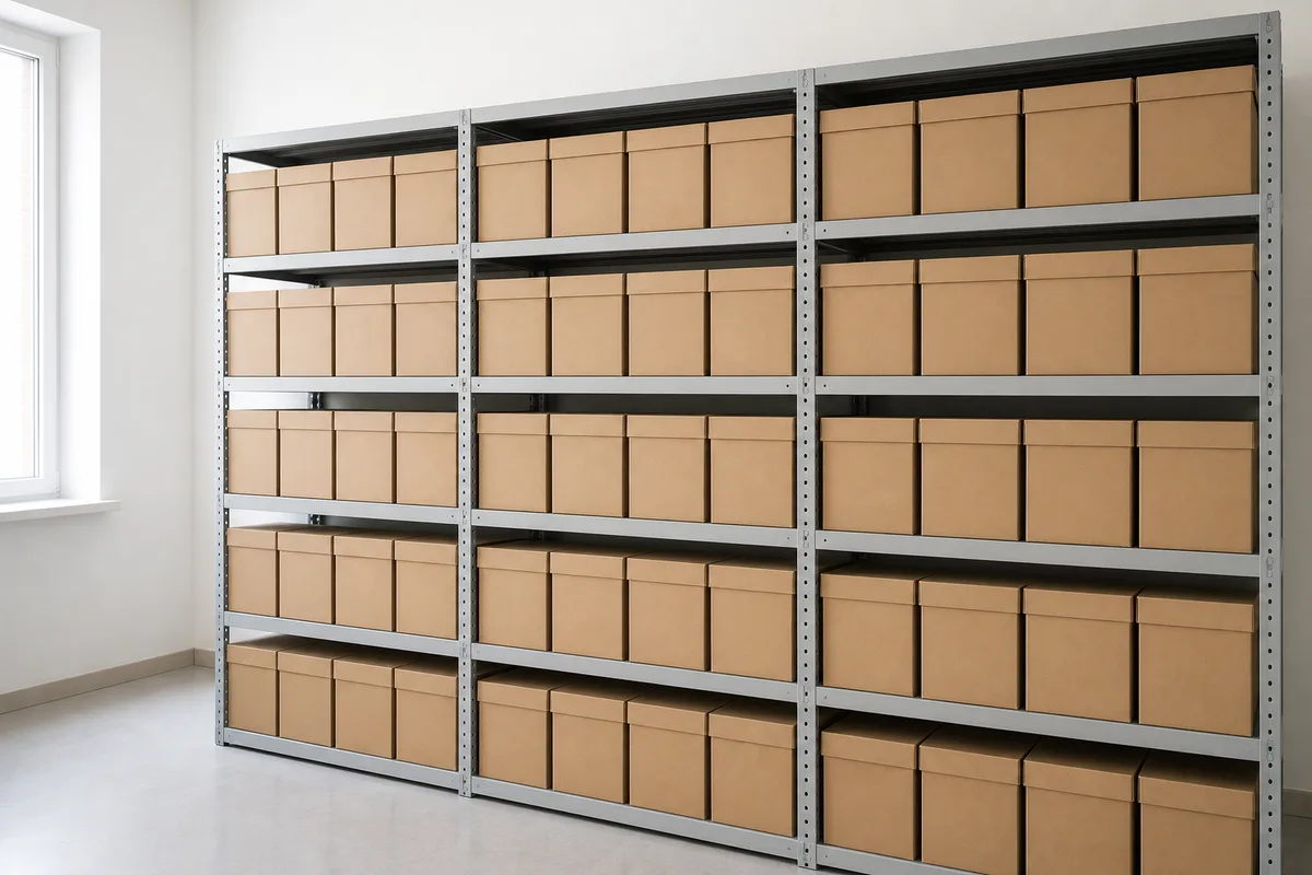 Rayonnage métallique clair garni de boîtes d’archives en carton uni dans une salle lumineuse
