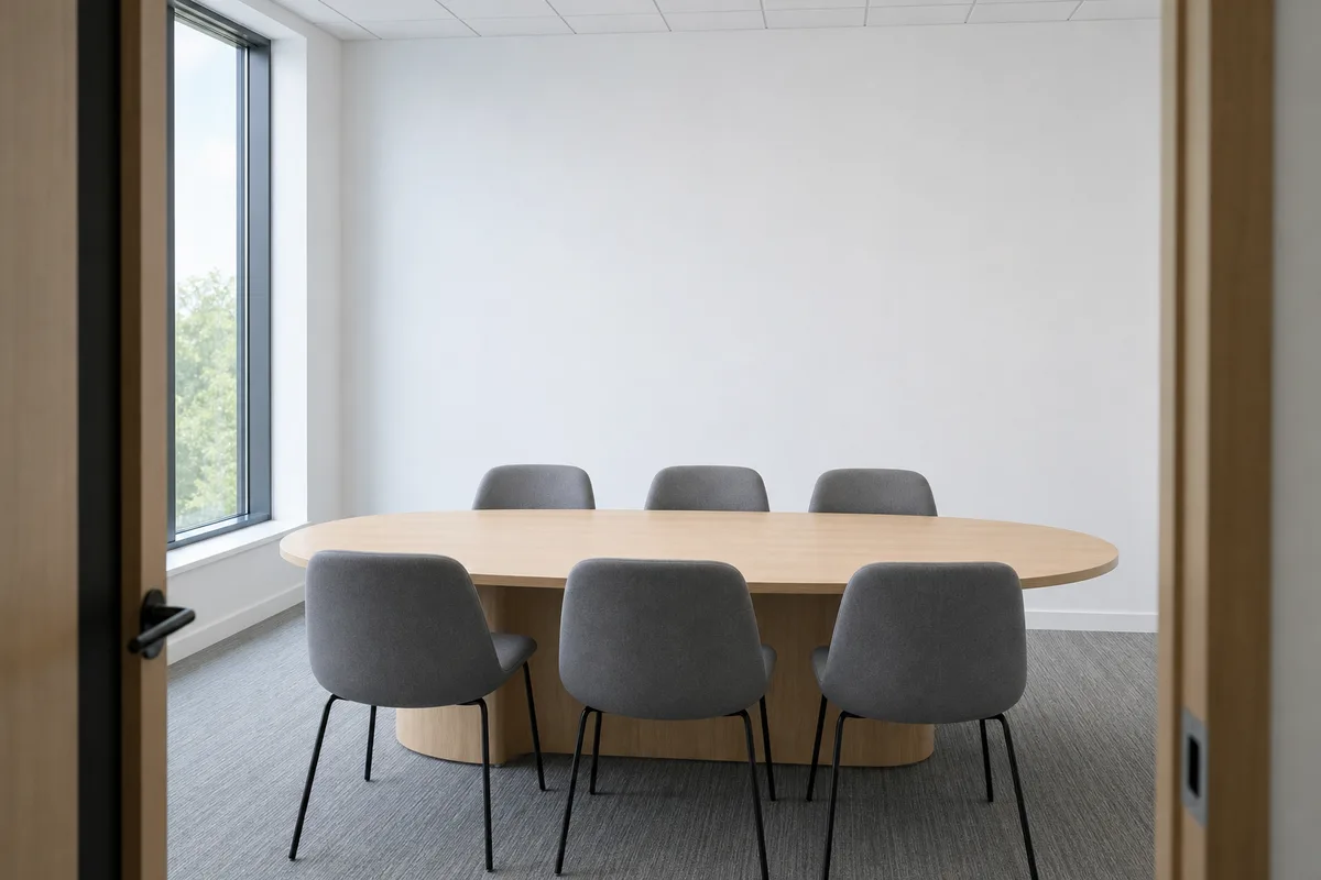 Salle de réunion vide avec table ovale en bois clair et chaises, murs blancs nus