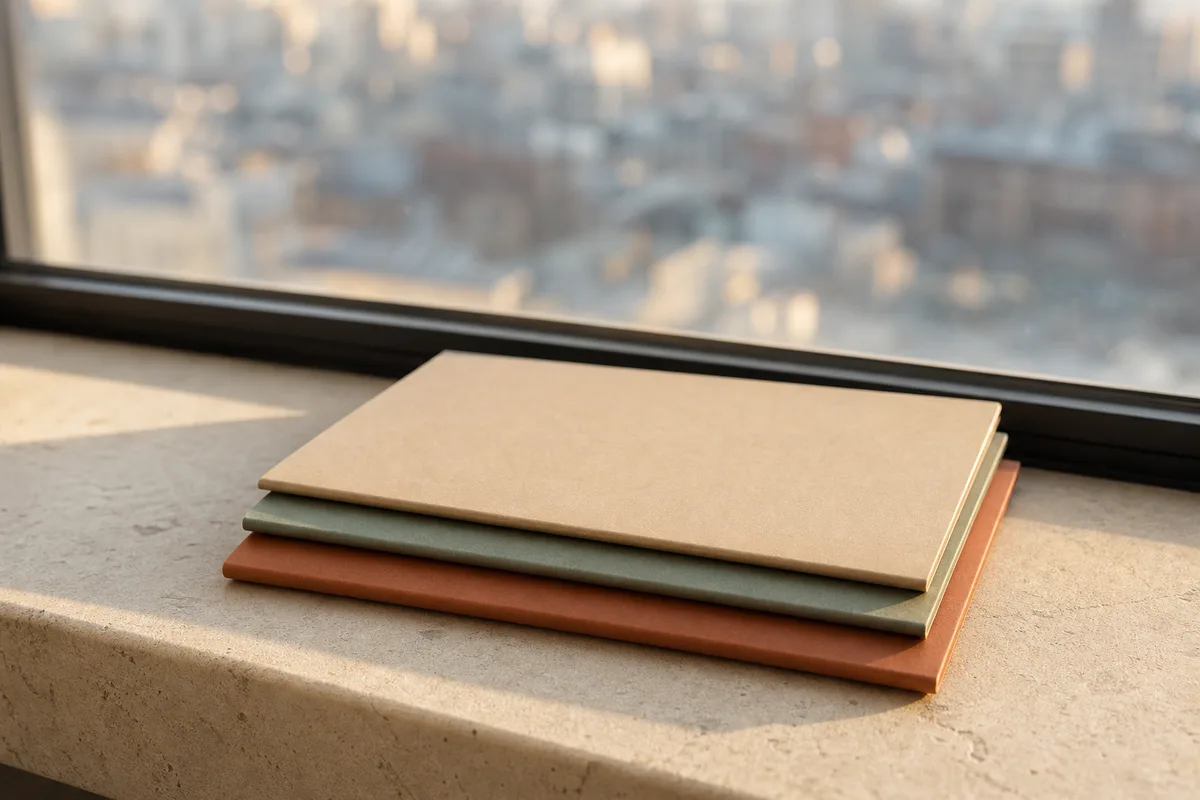 Trois chemises cartonnées de couleurs sourdes empilées sur un rebord de fenêtre en pierre