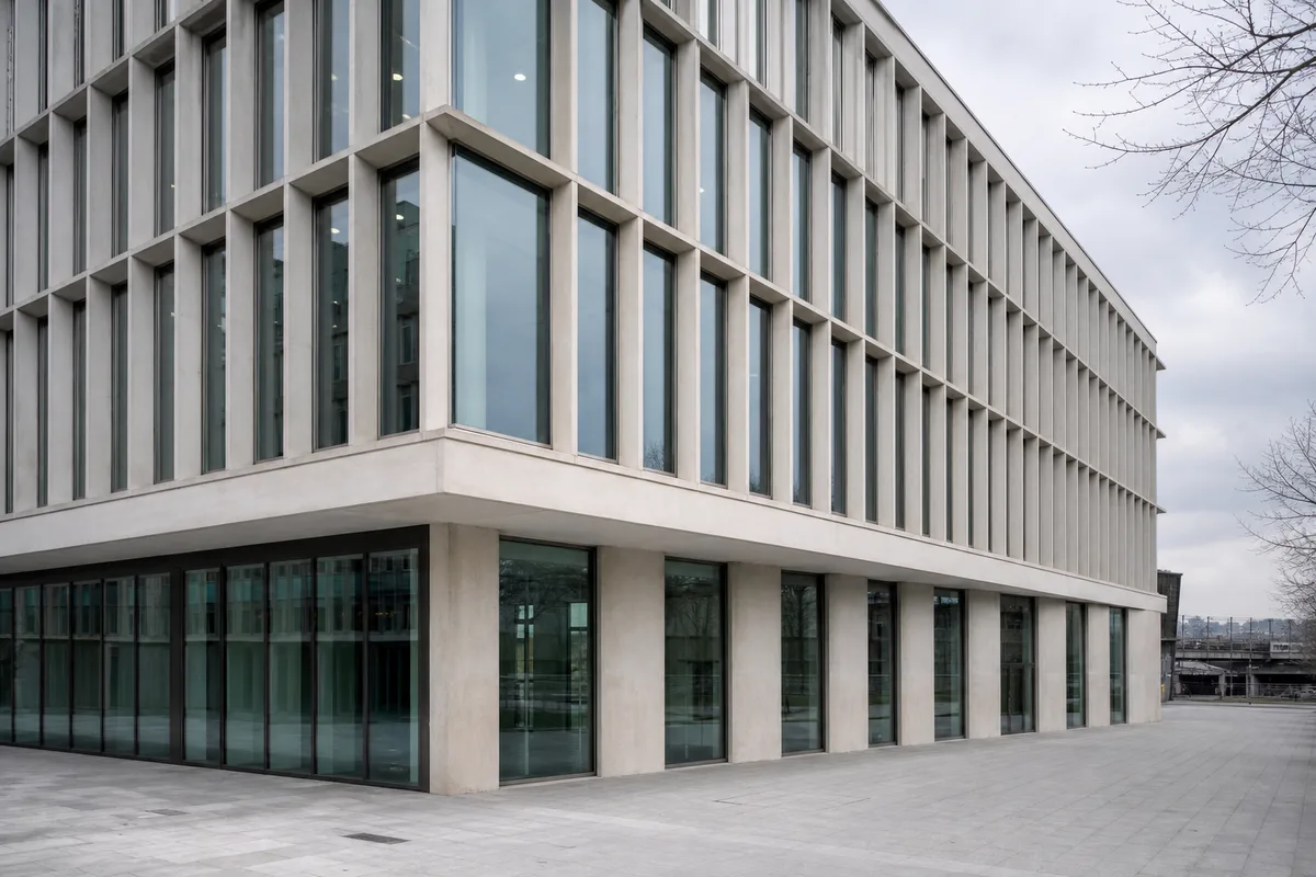 Façade contemporaine d&rsquo;un immeuble de bureaux suisse en verre et béton clair sous un ciel pâle