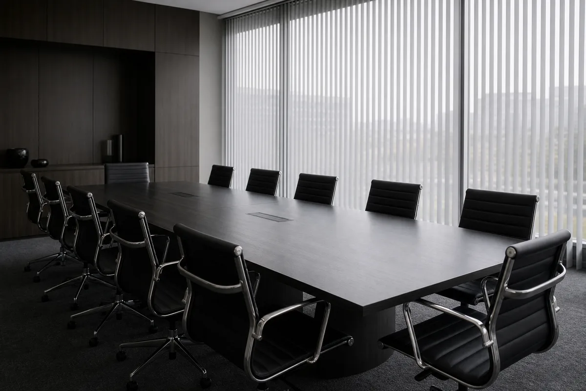 Salle de réunion vide avec chaises en cuir sombre autour d&rsquo;une longue table et stores mi-clos