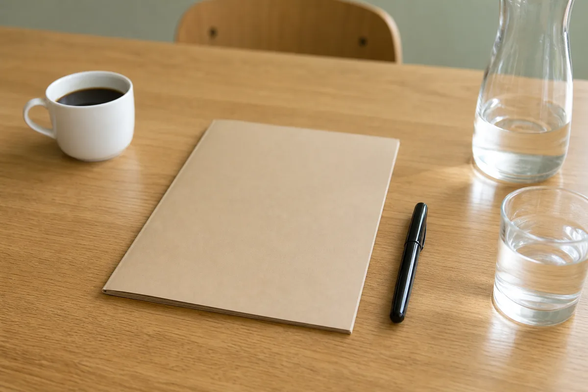 Chemise cartonnée fermée et stylo posés sur une table de réunion en bois clair