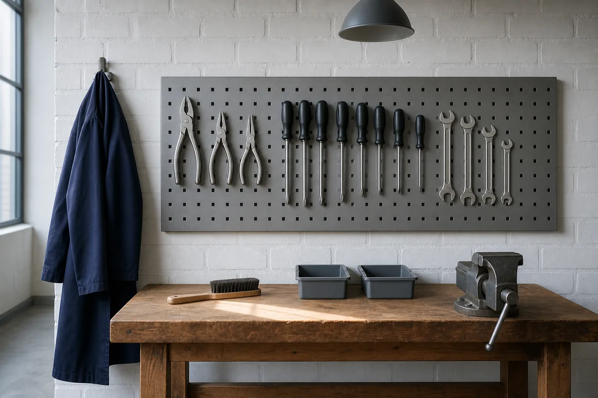 Établi d&rsquo;atelier technique avec outils rangés et blouse de travail suspendue