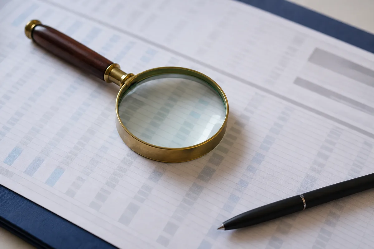 Loupe posée sur un tableau de chiffres imprimé et un stylo à côté