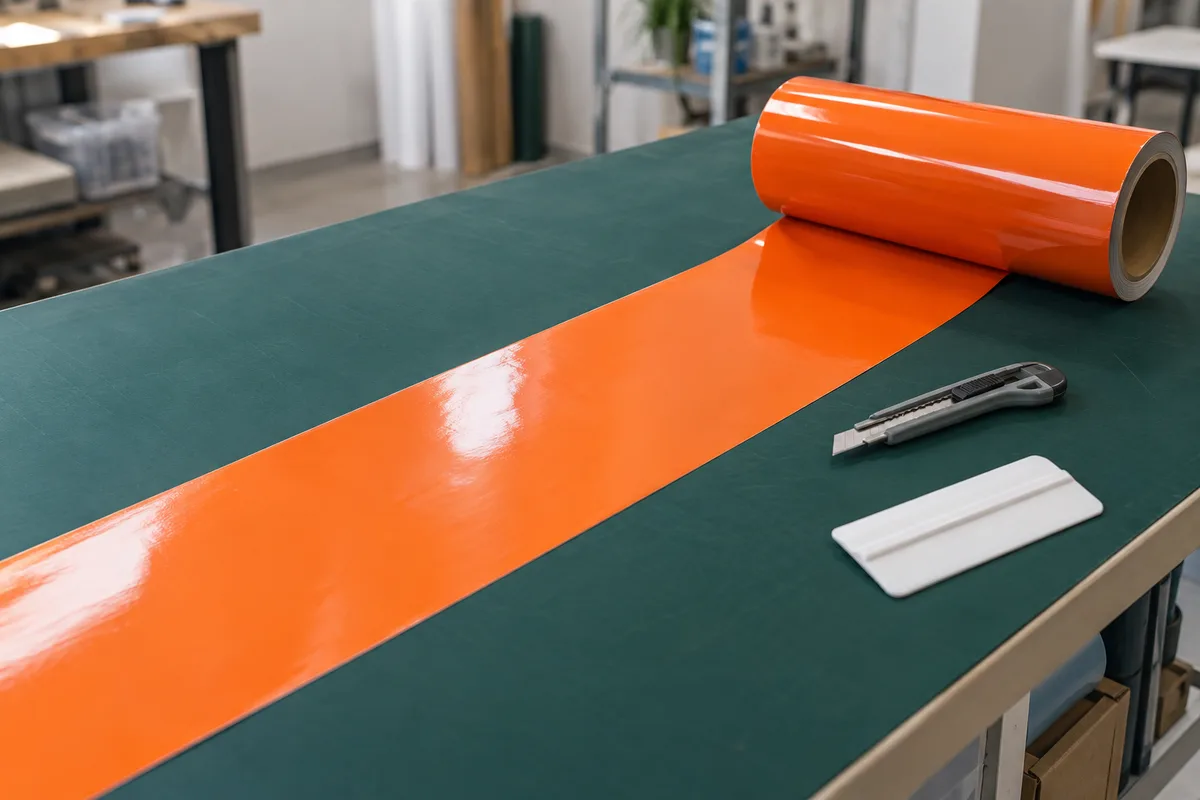 Table de découpe d’atelier avec un film adhésif orange uni déroulé et un cutter posé à côté