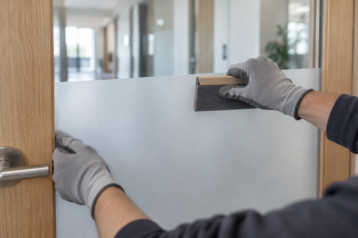 Mains gantées qui lissent à la raclette un film dépoli uni sur la vitre d’une porte de bureau