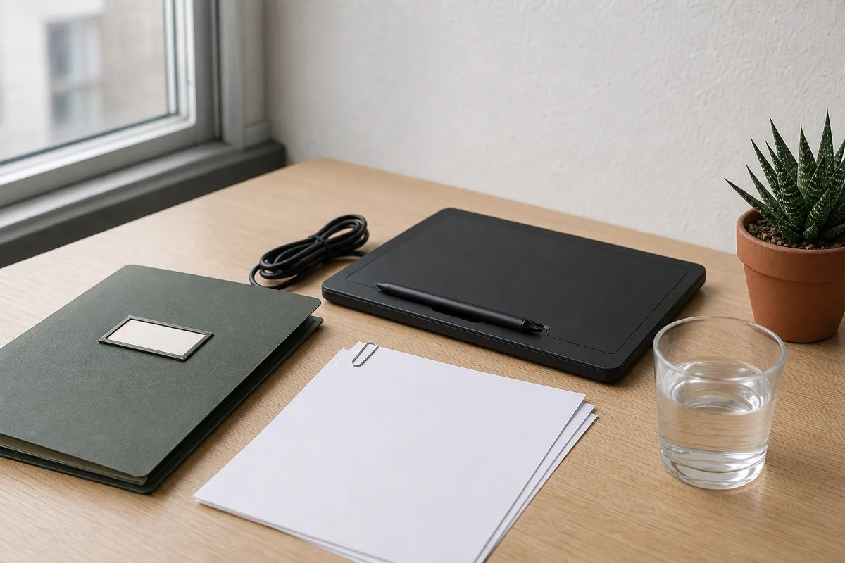 Tablette graphique et stylet posés sur un bureau en bois clair à côté d’un dossier cartonné fermé