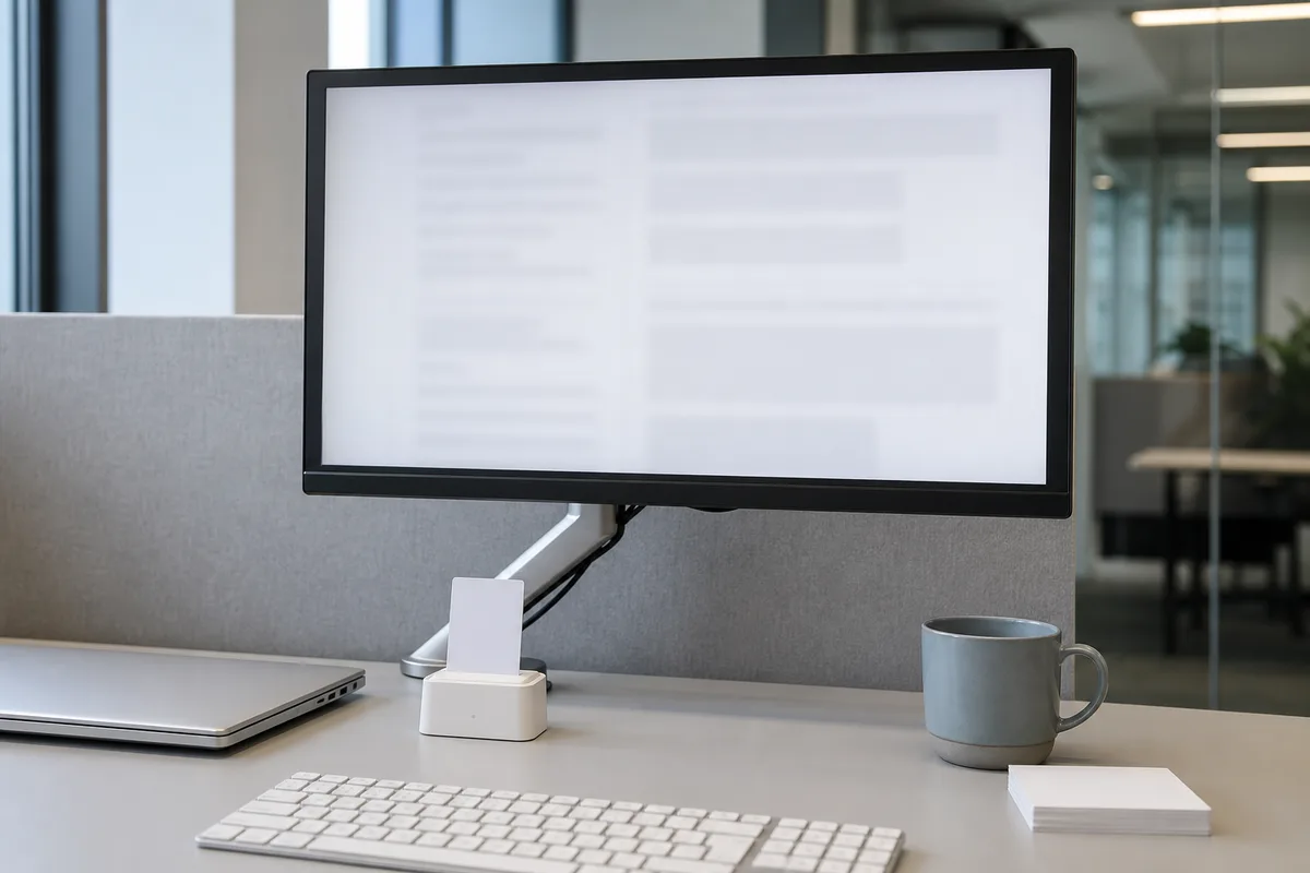 Poste de travail avec écran affichant un document flou et un lecteur de carte à puce