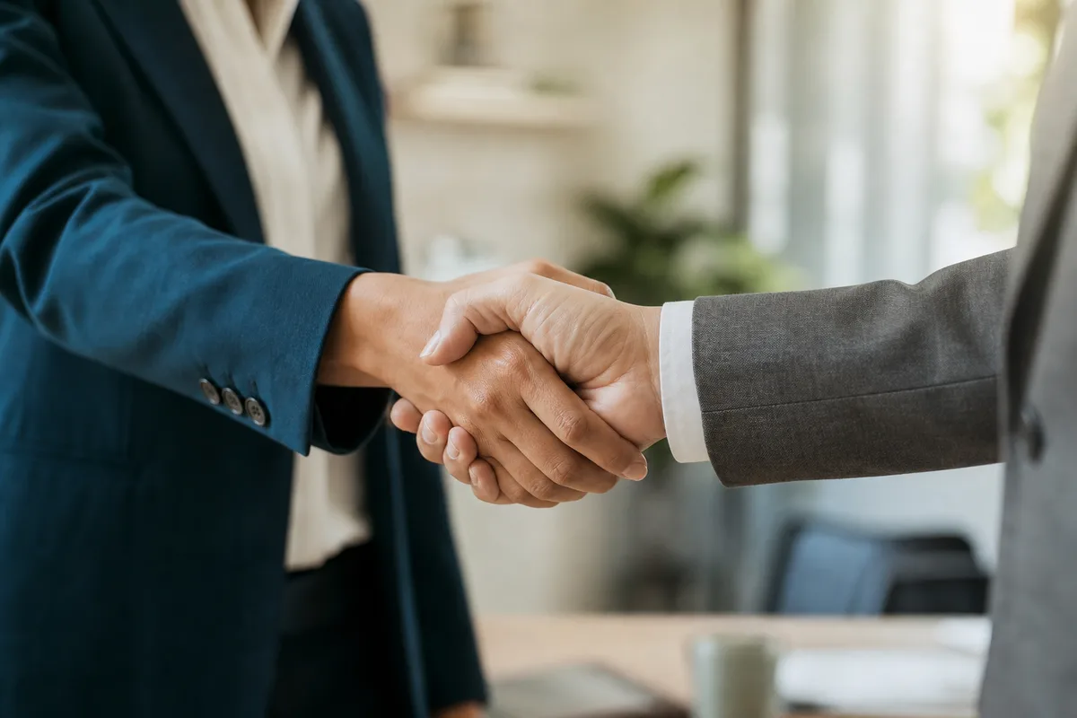Poignée de main entre deux professionnels lors d&rsquo;un rendez-vous d&rsquo;affaires en lumière naturelle